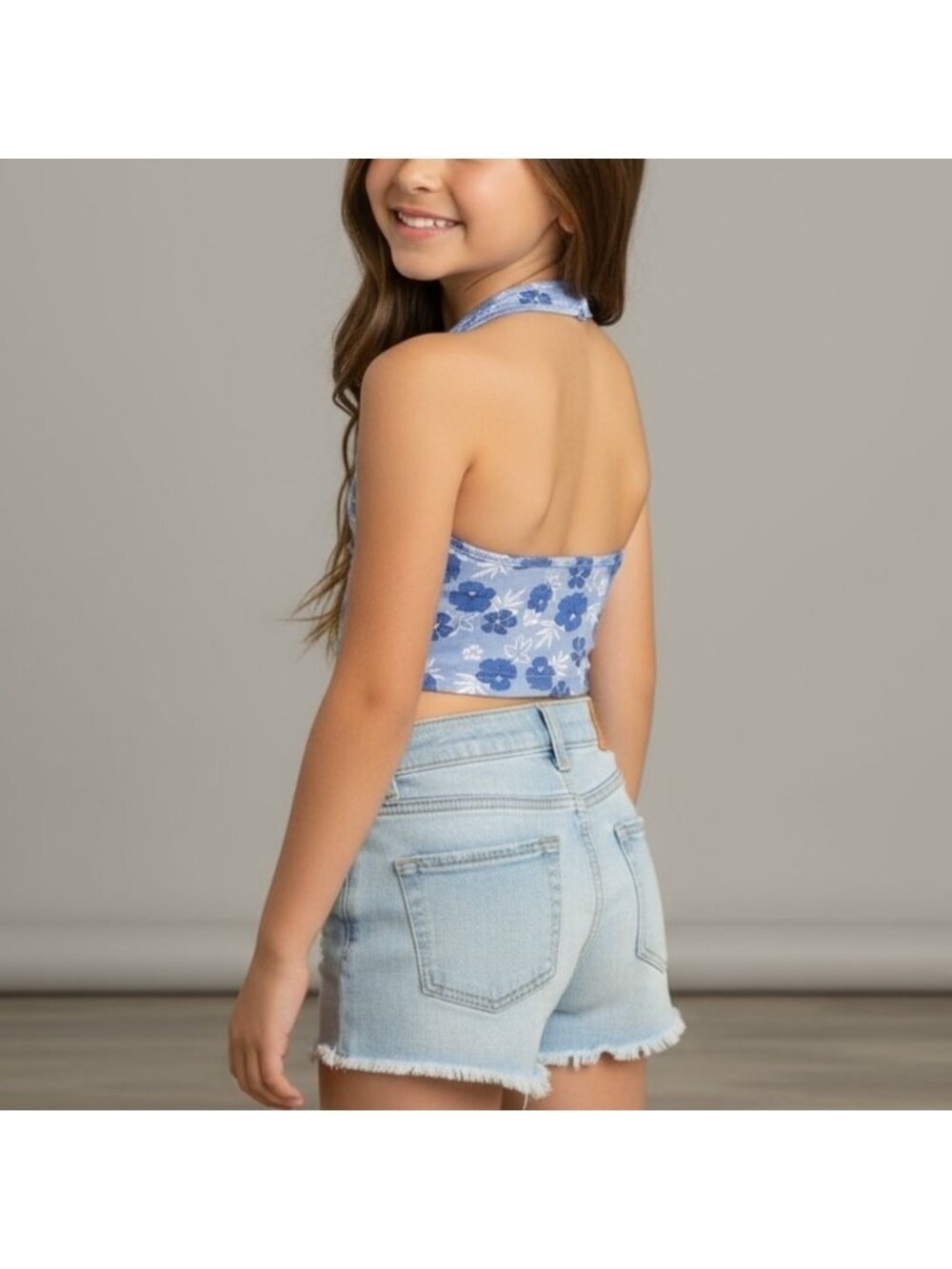 * Floral Knit Ribbed Halter Top Size 8 Blue White - Picture 7 of 7